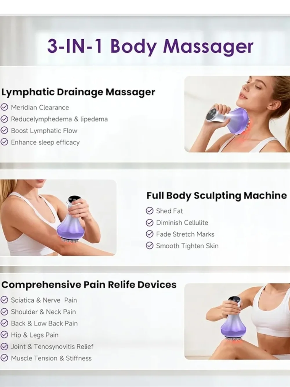 Purple Handheld 4-in-1 Body Massager. Lymphatic Drainage Body Sculpting